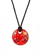 Necklace - N437 - Round Murano Glass ~ Round Murano Glass ~ Red and Copper with Millefiore Flowers hung on Triple Strand Twisted Black Satin / Silk Cord + 2" Extension Chain (17")