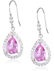Sterling Silver Created Pink Sapphire and White Simulated Diamond Teardrop Dangle Earrings