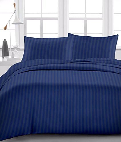 Luxury Egyptian Cotton 300-Thread-Count Sateen 1 Fitted Sheet &amp; 2 Pillowcase [Top/Flat Sheet Not Included] RV Bunk Size (+11 Inch) Deep Pocket, Navy Blue Stripe