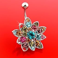 Genuine Swarovski Crystals Set Flower Belly Ring - 14G - 3/8" Bar Length - Sold Individually