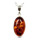 Sterling Silver and Genuine Honey Amber Oval Pendant, 18