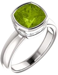 14K White Gold 8.00x8.00mm Antique Cushion Cut Peridot and Diamond Ring -- LIFETIME WARRANTY