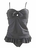 MW Women's Swimsuit, Two Piece Black Tankini with Bikini Bottoms