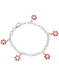 Unicornj Sterling Silver Childrens Bracelet with Red and White Flower Charms