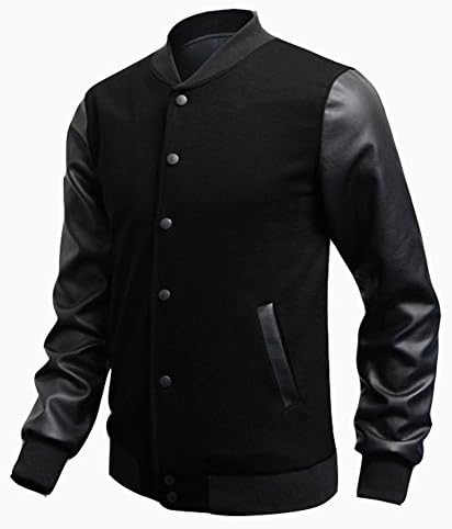 Izaac Men korea Luxury pu leather Sleeve Baseball Jacket Coats Outerwear Top Sweatshirt (US S/Tag L, black)