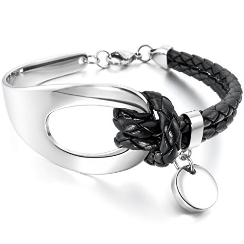INBLUE Women's Stainless Steel Genuine Leather Bracelet Bangle Cuff Silver Tone Black