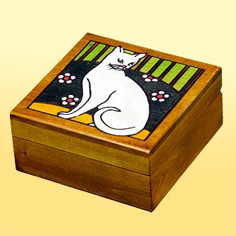 White Cat with Flowers Polish Wood Jewelry Keepsake Box
