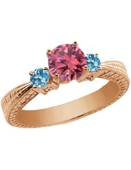 1.05 Ct Round Pink Diamond Swiss Blue Topaz 18K Rose Gold 3-Stone Ring