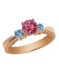 1.05 Ct Round Pink Diamond Swiss Blue Topaz 14K Rose Gold 3-Stone Ring