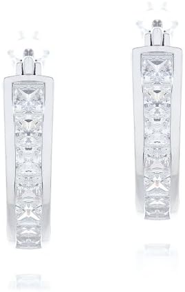 Rhodium Plated 925 Sterling Silver Princess Cut CZ Solid Border Hoop Earrings