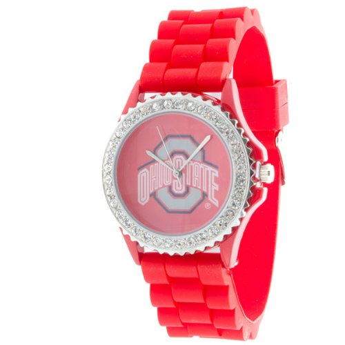Ohio State University Watch, Collegiate Jewelry, Larger Red Silicone Ohio State watch band with crystal rhinestones surrounding the face. The fashion watch also features a stainless steel back and measures approximately 1.75 inch in diameter