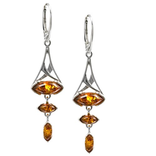 Sterling Silver Honey Amber Marquise-Shaped Leverback Earrings