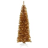 10′ Pre-Lit Antique Gold Artificial Pencil Tinsel Christmas Tree – Clear Lights