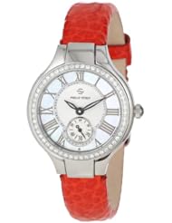 Philip Stein Womens 44D-CMOP-CGRR Round Diamond Mother-Of-Pearl Red Grainy Calf Strap Watch