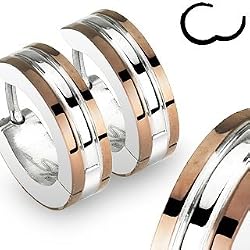 316L Stainless Steel Two Tone "Hinged Snap" Huggie Earrings with Coffe IP Edges - 14mm Length, 4mm Width - Sold as a Pair