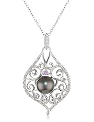 Sterling-silver, Tahitian Cultured Pearl and Diamond Pendant Necklace (0.14 cttw, GH Color, I2-I3 Clarity), 17"