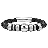 Men's Stainless Steel Round Braided Leather Bracelet with Matte Finished Beads and One Center Polished Beads