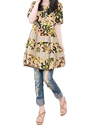 Short Sleeves Cotton/Linen Floral Print  Shirt  Dress