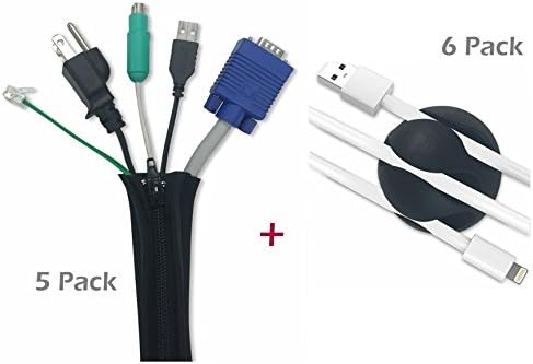 5 Pack Cable Management Sleeve (Black, 20" long, Zipper Closing) with BONUS Cable Clips (Black, set of 6) I Cord Organizer for Desktop, TV, PC I Cord Hider Home Office I