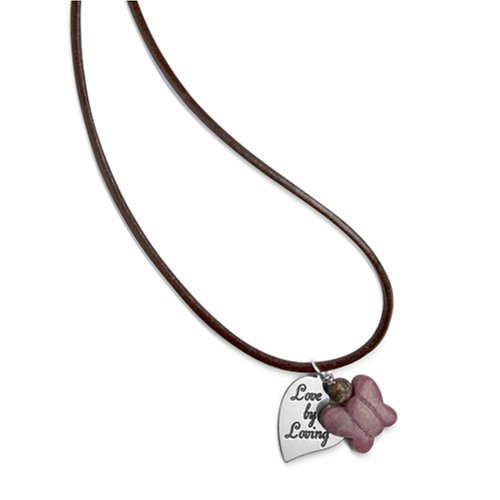 Sterling Inspirational Heart Valentines Day Charm and Rhodonite Butterfly on Brown Leather Cord