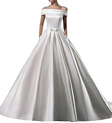 Satin Portrait Neck  Wedding Dress  With a Bow(s)