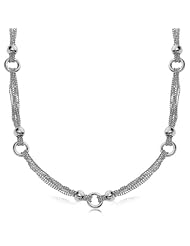 Sterling Silver Rhodium Plated Multi Strand Bead Chain Necklace with Ring Motifs