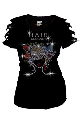 Bling Hair Designer Rhinestones T-shirt Ripped Slit Cut Out Salon Short sleeve