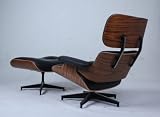 Designer Modern Classic Plywood Lounge Chair & Ottoman with Palisander Base & Black Leather Uphostery