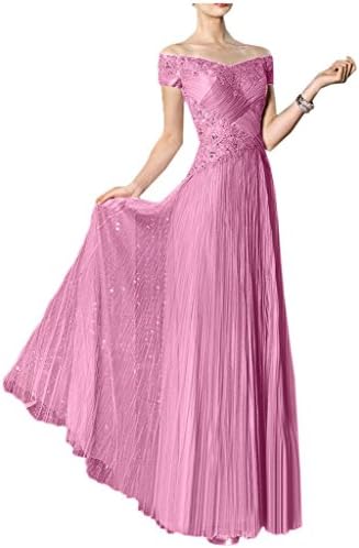 Vienna Bride Modern Off-the-Shoulder A-line Lace Evening Dress Prom Ball Gown -12-Hot pink
