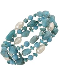 Sterling Silver Bead, Turquoise and Freshwater Cultured Pearl 3-Row Bracelet, 7.5"