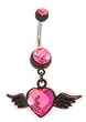 Stainless Steel Belly Ring with Pink Crystals - Heart Dangling with Wings