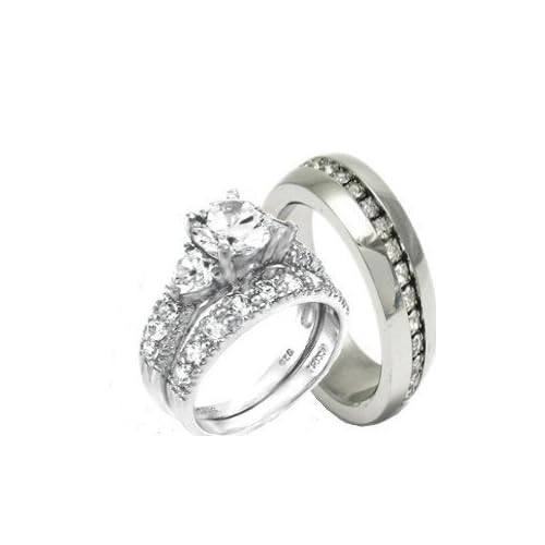 His Hers 3 Pieces 925 Sterling Silver Stainless Steel Engagement Wedding Ring Set Size Mens 10 Womens 10