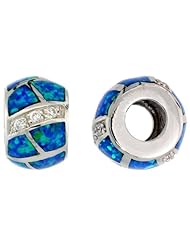 Sterling Silver Blue Synthetic Opal Inlay Barrel Bead Charm, 1/2 inch Diameter