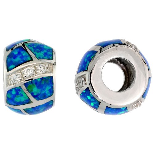 Sterling Silver Pandora Type Bead Barrel Pendant w/ Blue Lab Opal Inlay & CZ stones, 3/8