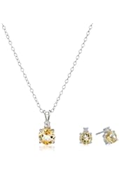 Sterling Silver Round Shape  Stud Earrings and Pendant Necklace Gemstone Jewelry Set