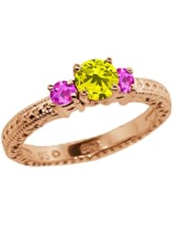0.81 Ct Round Canary Diamond Pink Sapphire 14K Rose Gold 3-Stone Ring