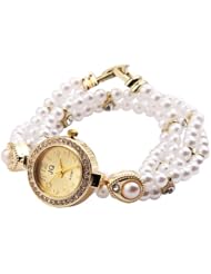 Yesurprise New White Metal Faux Pearl Glass Beads Bracelet Bangle Lady Round Dial Band Women Girl Watch Gift