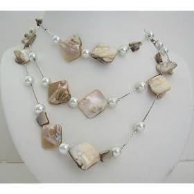<b>3 Strands Shell & Pearl Long Necklace White Shell & Simulated Pearl 26 Inches Necklace (BRAND NEW)</b>