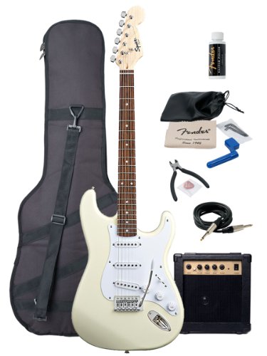 Squier by Fender Bullet Strat Electric Guitar with Tremolo, Rosewood Fretboard Bundle with 10-Watt Amp, Gig Bag, Instrument Cable, and Maintenance Pack - Arctic White On Sale