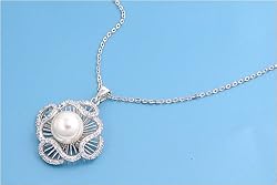 Sterling Silver Necklace - Stylized Floral with Bead and Clear CZ and 16in-18in Chain - 19mm Pendant Height
