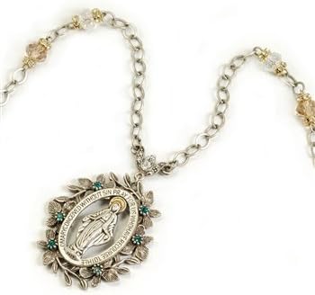 Sweet Romance, Ollipop, Catholic Designer Vintage Style Necklace, Miraculous Medal, St. Mary, Lady of Miracles, Silver Color