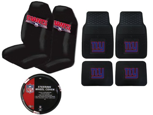 A Set of 4 NFL Universal Fit Front All-Weather Floor Mats and A Set of 2 Universal Fit Seat Covers and 1 Steering Wheel Cover - New York Giants