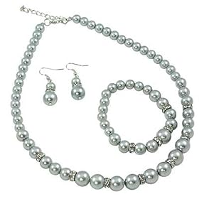 Light Grey Pearl Necklace Bracelet and Earrings Jewelry Set