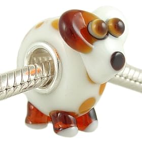 Puppy Dog 3-D Lampwork Glass Bead on Sterling Silver Solid Core fits European Charm Bracelet