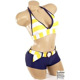 Sexy Trendy Cute Summer Navy Yellow White Stripe Print Halter Top Boyshorts Bathing Suit Swimsuit Swimwear
