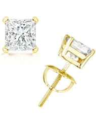 IGI Certified 2/3 cttw Princess-Cut Diamond 4-Prong Stud Earrings in 14K Yellow Gold with Screw Backs (G-H Color, VS1-VS2 Clarity)