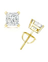 IGI Certified 0.25 Carat (ctw) Princess Diamond 4-Prong Stud Earrings in 14k Yellow Gold with screw backs (I-J, VS1-VS2)