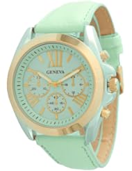 Geneva Womens Leather Roman Numeral Chronograph Watch - Mint Green/Gold