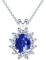 18K White Gold Oval Cut Blue Sapphire And Round Diamond Pendant