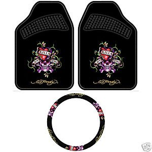 Ed Hardy Love Kills Slowly Floor Mats & Steering Wheel Cover 3-pc Set